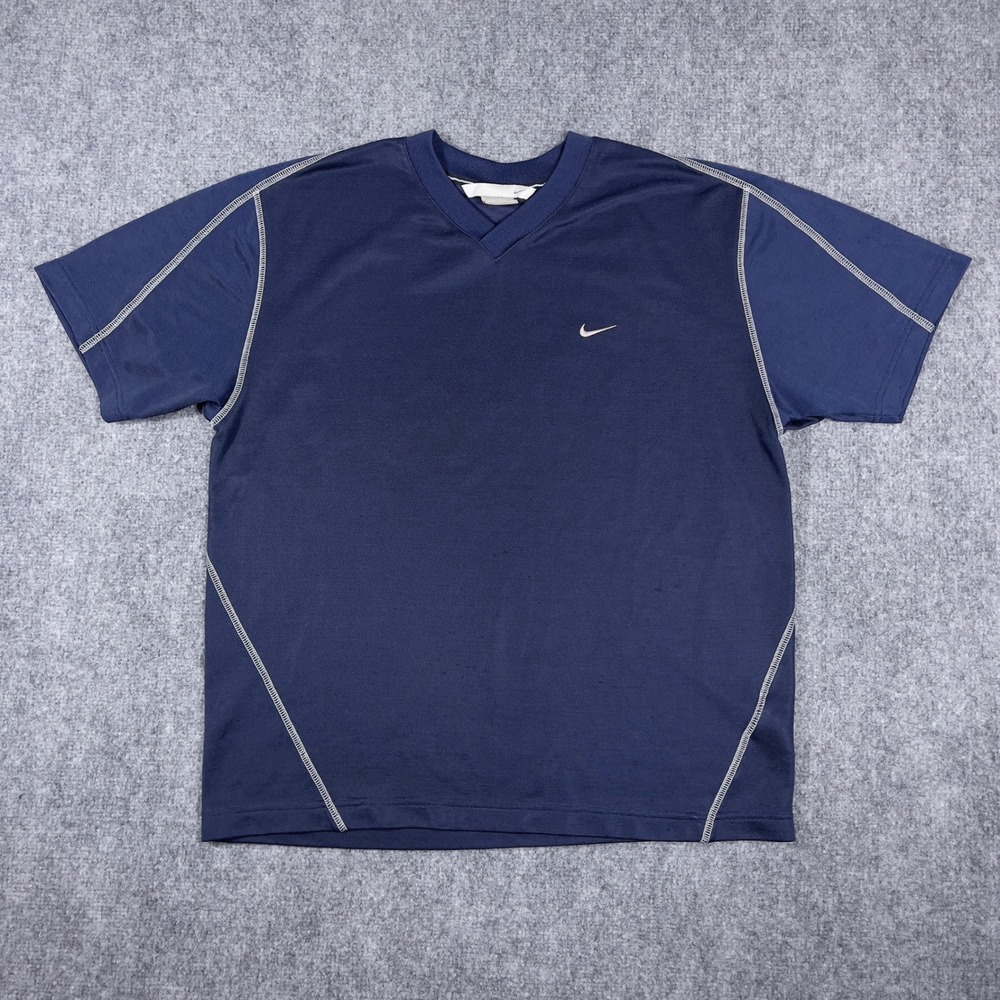 Y2K Nike Athletic Shirt Mens Medium Navy Blue V-Neck Contrast Stitch